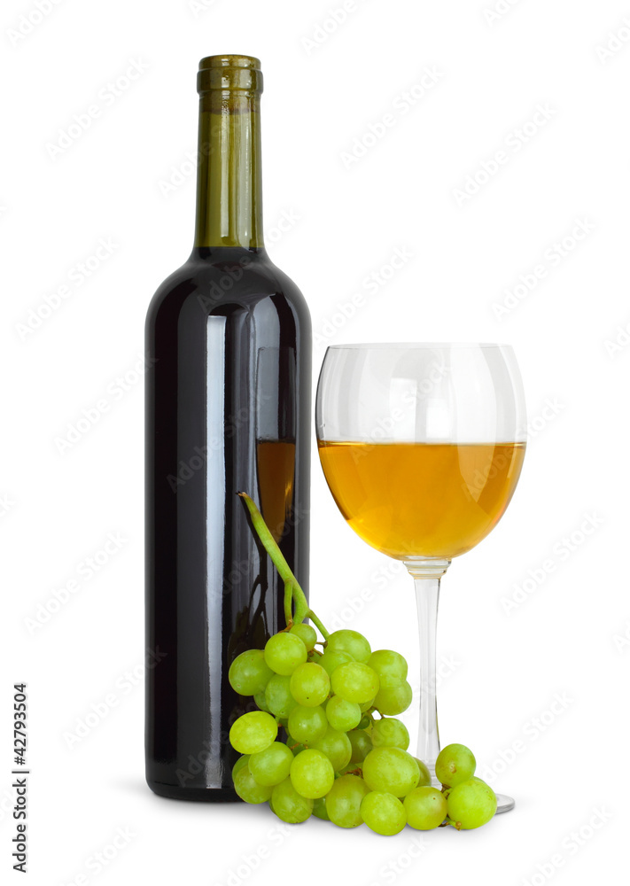 wine in glass with grapes and bottle