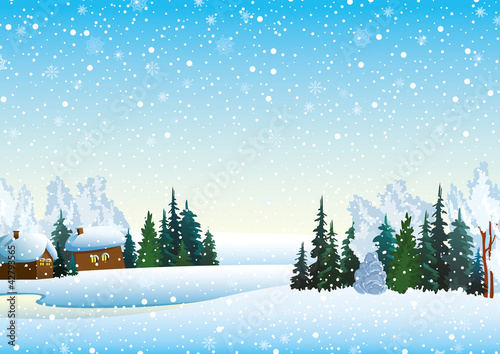 Winter landsckape with forest and houses
