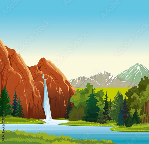 Fototapeta Letni krajobraz z wodospadem, lasem i górami