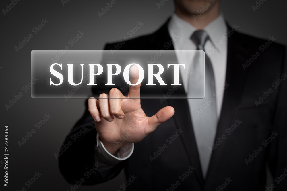 businessman pressing virtual button - support businessman pressing virtual button - support