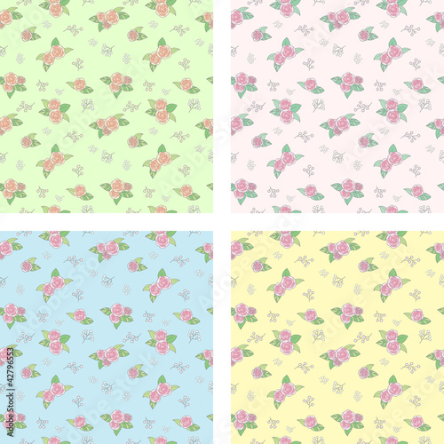 Set of cute seamless pattern with pink roses