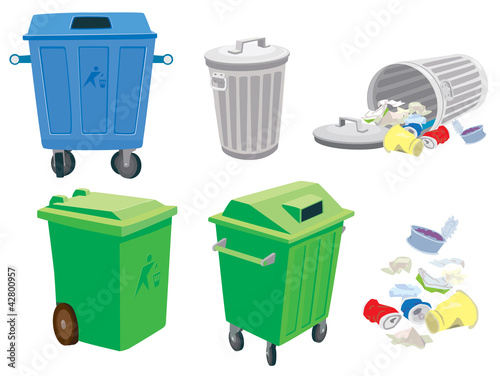 Rubbish and garbage cans and a basket