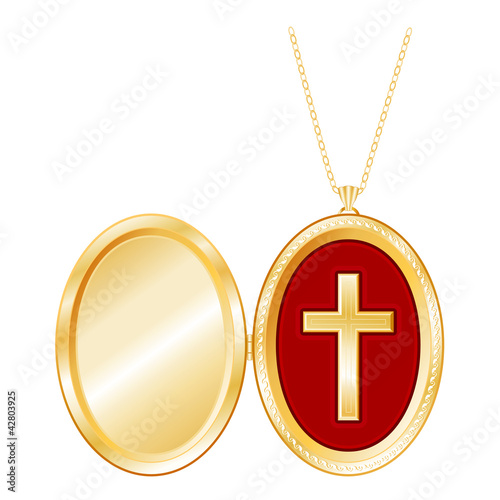 Christian Cross Engraved Gold Locket, copy space, necklace