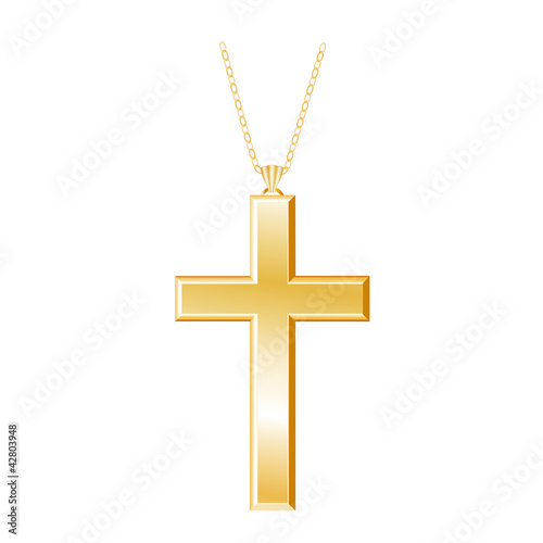 Christian Cross Gold Pendant, chain necklace, isolated on white