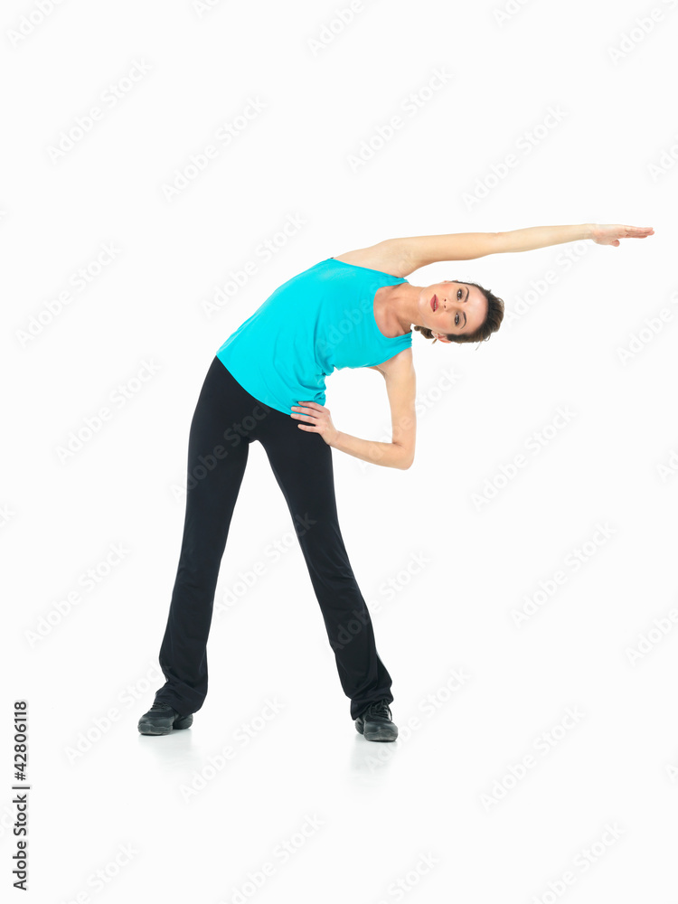 young woman showing fitness routine, white background young woman showing fitness routine, white background