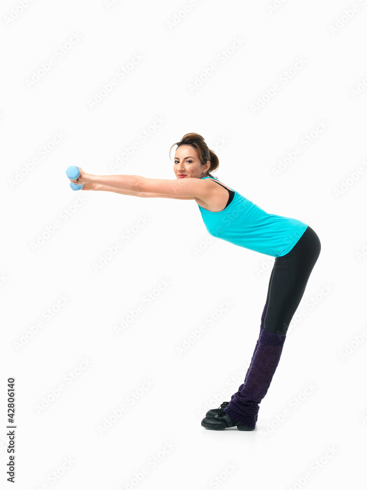 young woman showing fitness routine, white background young woman showing fitness routine, white background