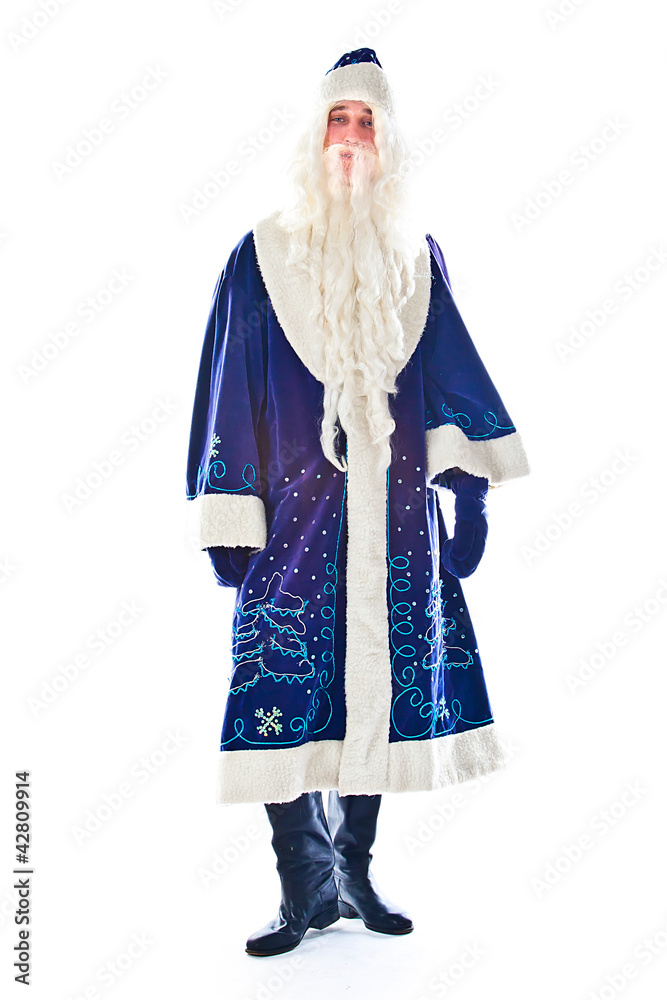 Santa Claus in a blue coat with a bag of gifts in red