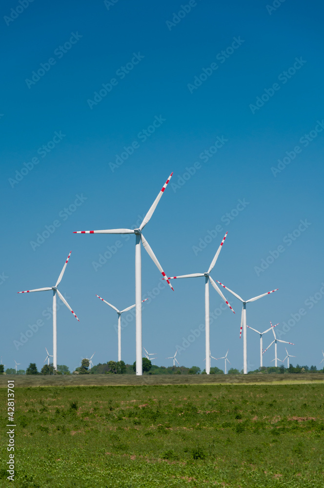 Wind turbine farm on rural terrain