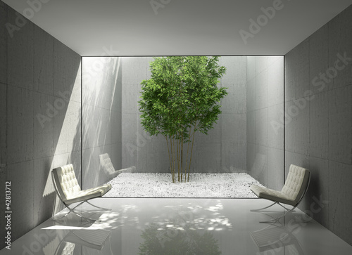 White minimal design home , green lounge area atrium photo