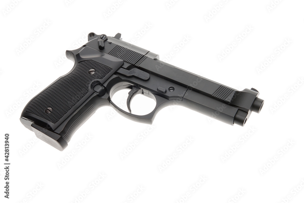 Black semi automatic handgun isolated on white background