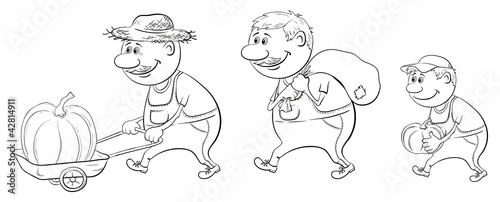 Farmers with the harvest of pumpkins, outline