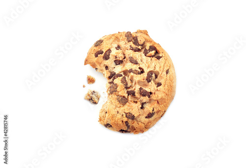 Chocolate chip cookie with a missing bite