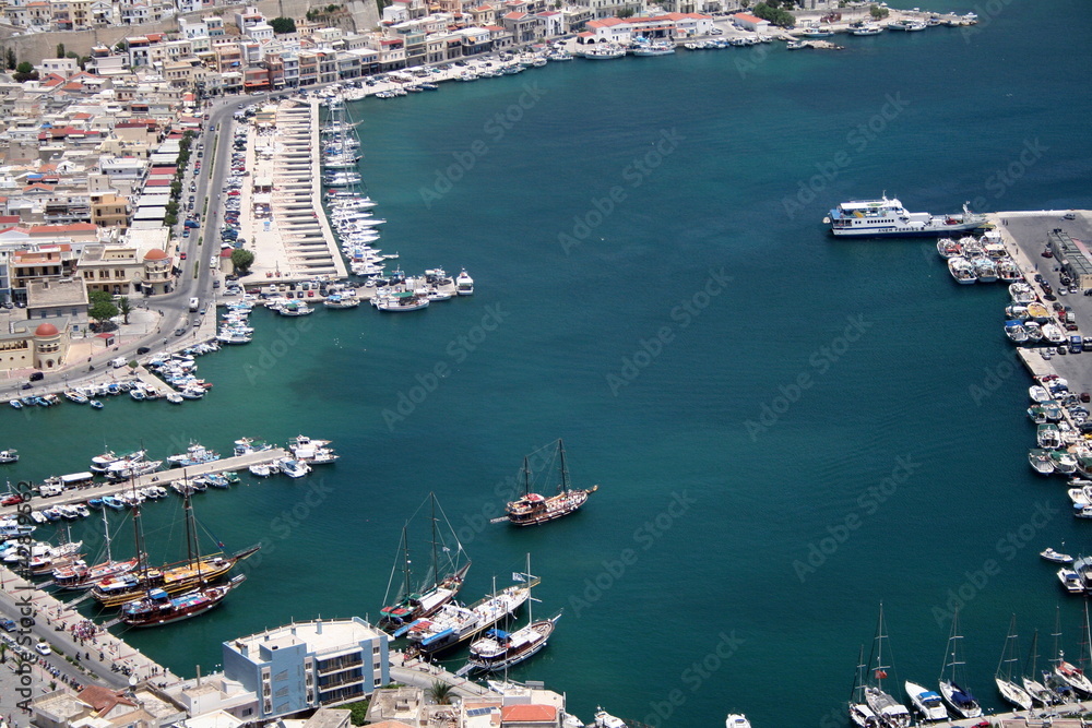 kalymnos harbour and town with mountains and sea on this greek island	