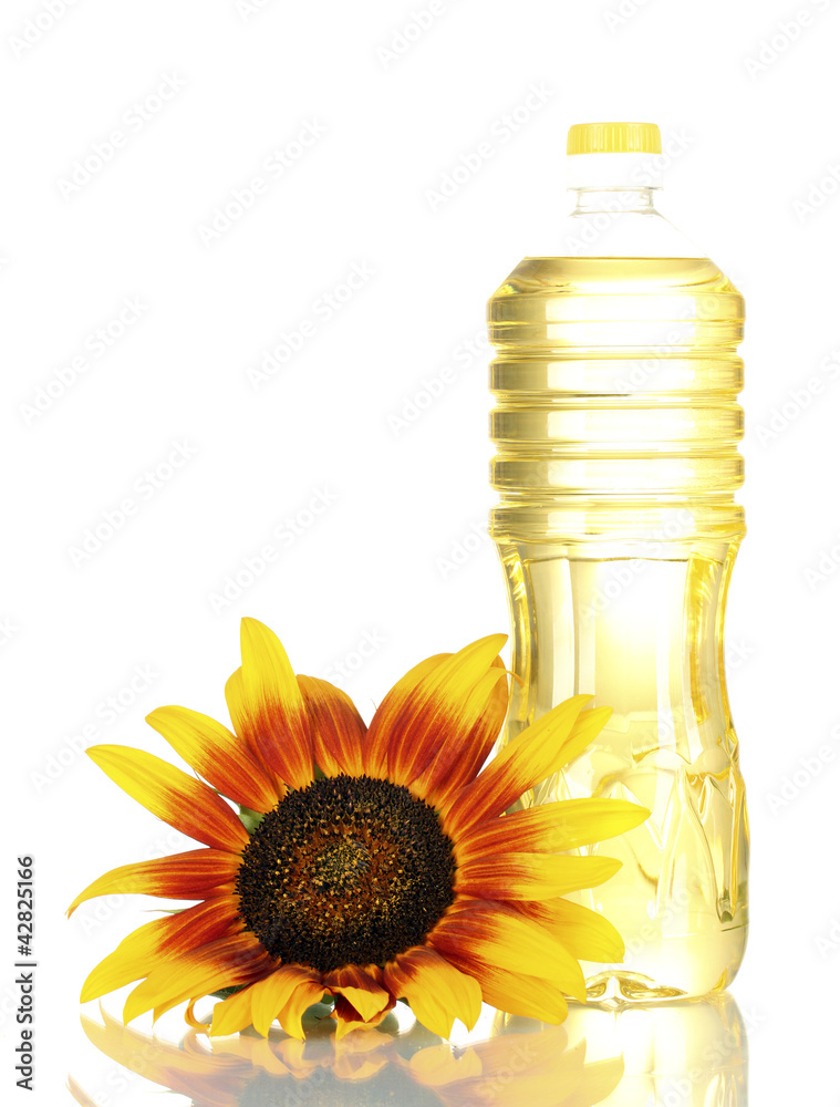 sunflower oil and sunflower isolated on white sunflower oil and sunflower isolated on white