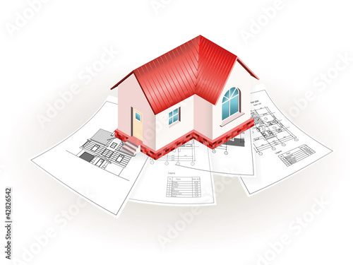 Conceptual model of small house over the set of drawings