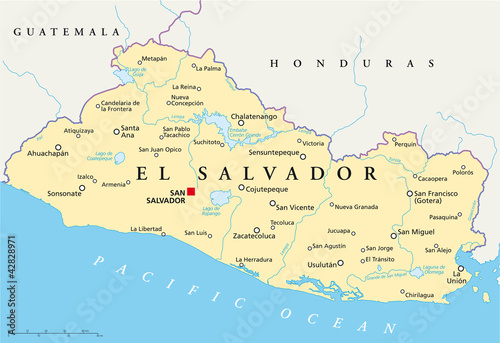 El Salvador political map with capital San Salvador, national borders, most important cities, rivers and lakes. English labeling and scaling. Illustration. Vector. photo