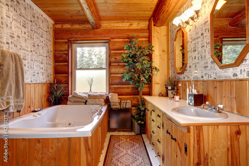 Cowboy wood cabin bathroom with tub.