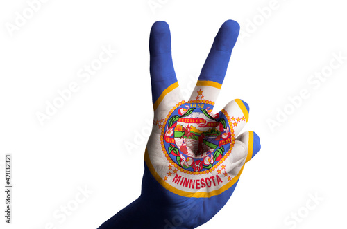 minnesota us state flag two finger up gesture for victory and wi photo