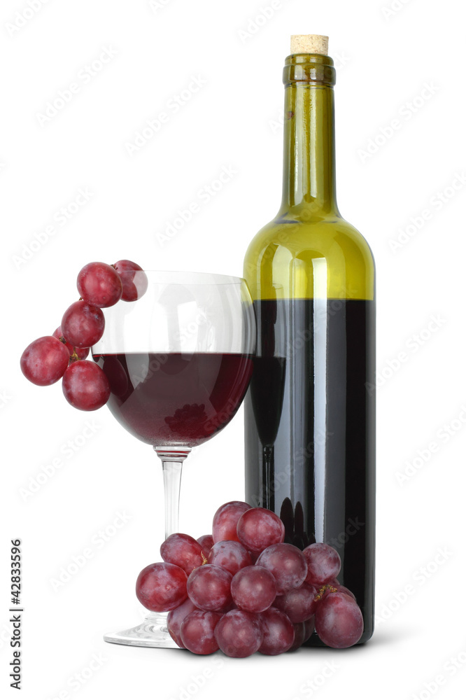Red wine bottle and young grape on white