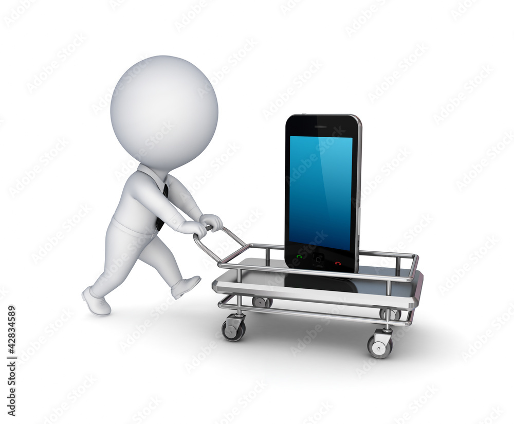 3d person, shopping trolley and mobile phone. 3d person, shopping trolley and mobile phone.