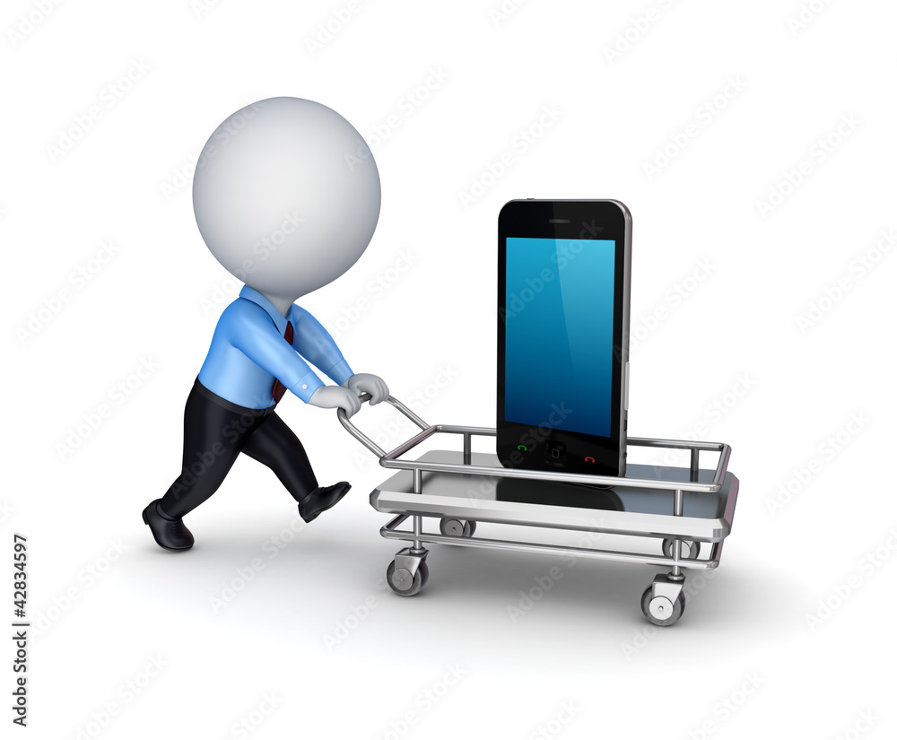 3d person, shopping trolley and mobile phone. 3d person, shopping trolley and mobile phone.
