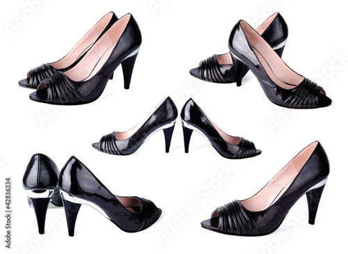 Women's classic black high-heeled shoes. Collage