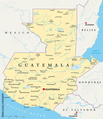 Guatemala political map with capital Guatemala City, national borders, most important cities, rivers and lakes. Illustration with English labeling and scaling. Vector. photo