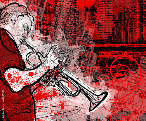 trumpeter on a grunge cityscape background