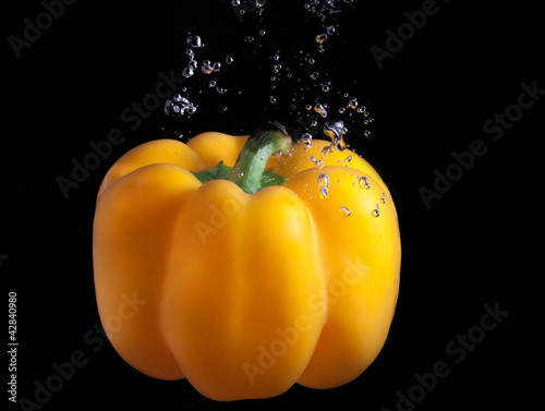 Yellow paprika and water splash on a black background.