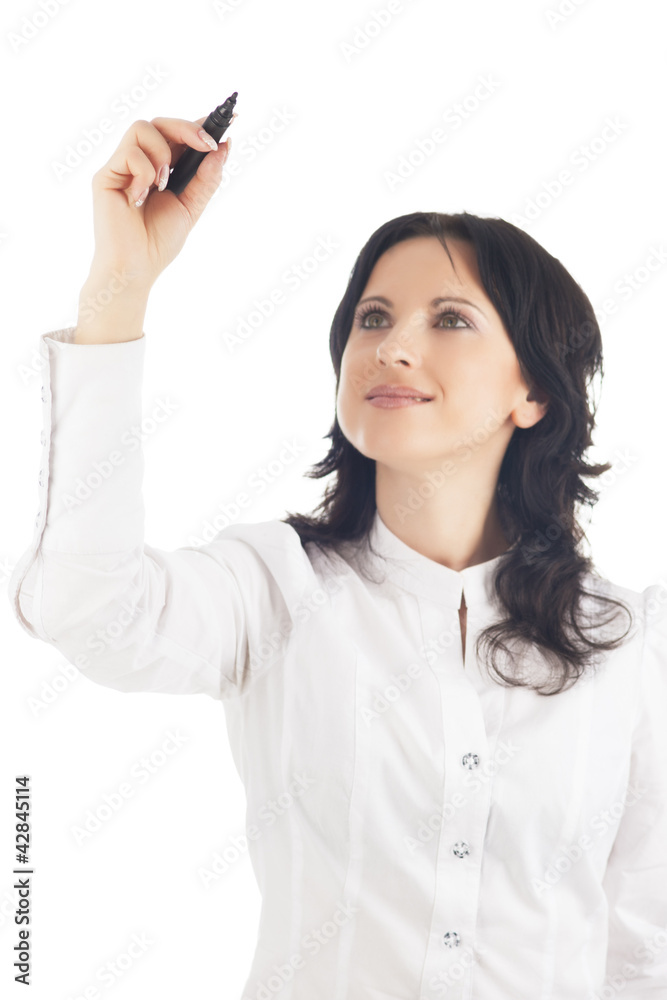 portrait of lovely brunette woman holding pen portrait of lovely brunette woman holding pen