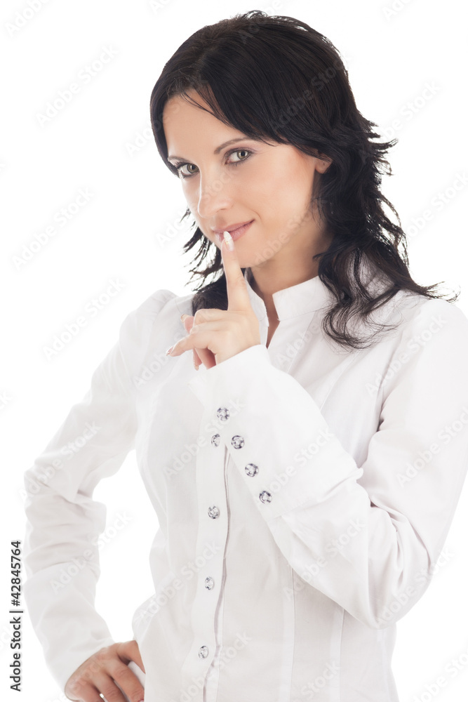 lovely brunette woman showing sh! sign isolated over white lovely brunette woman showing sh! sign isolated over white