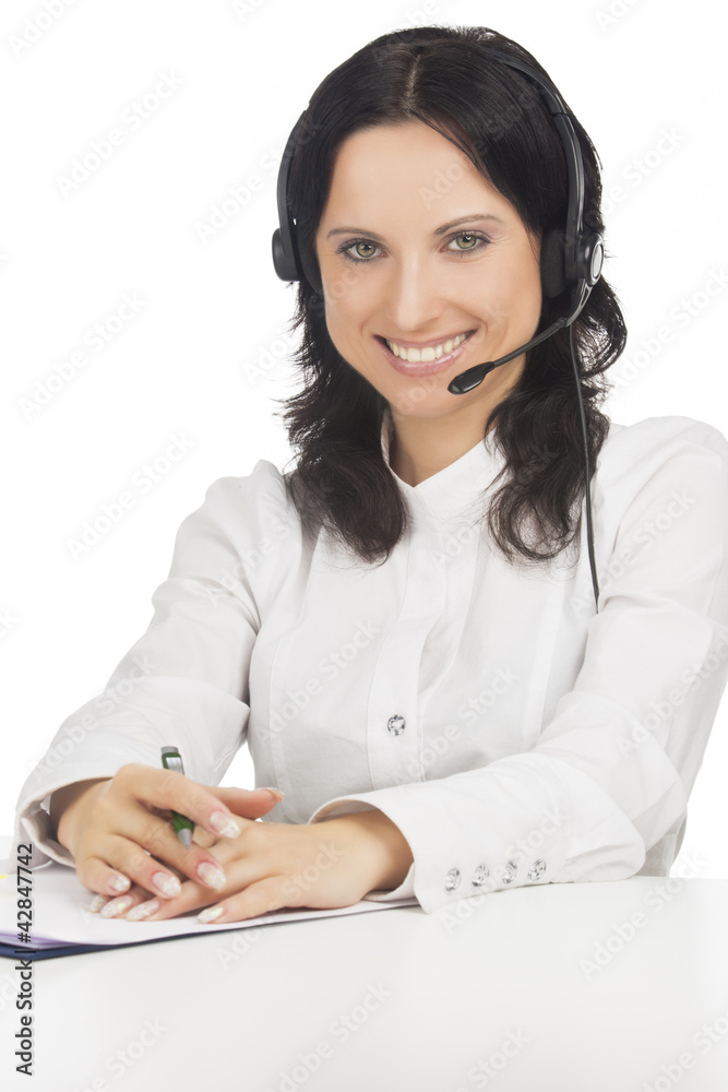 portrait of young smiling brunette call-center customer's suppor portrait of young smiling brunette call-center customer's suppor