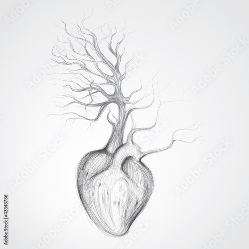 Tree with roots like heart / Surreal realistic sketch