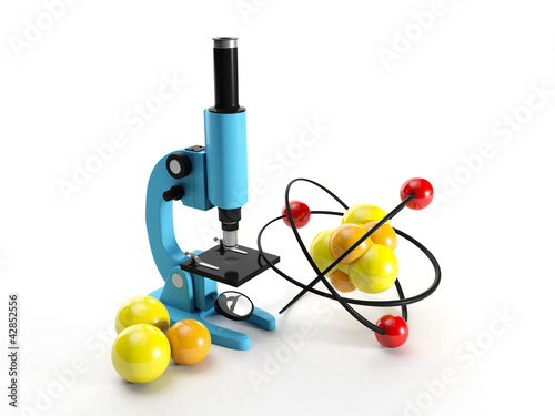 3d illustration: Microscope and nuclear lattice. Research discov photo