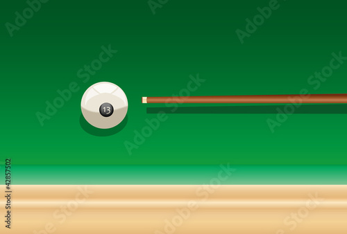 billiard cue and ball number thirteen on the green table