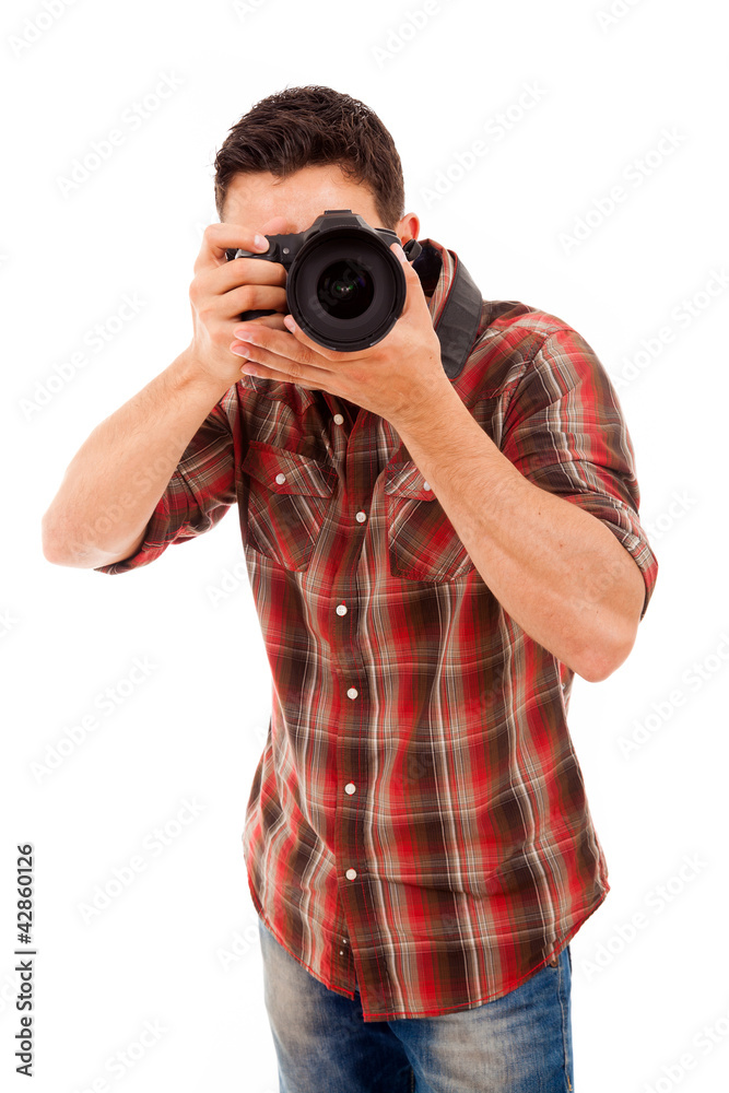 Young photographer with camera, isolated on white Young photographer with camera, isolated on white