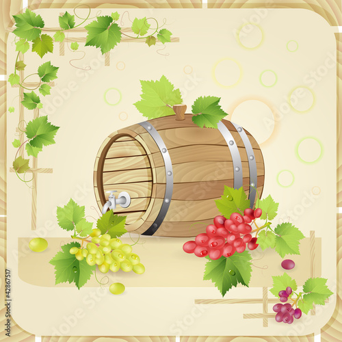 Wine barrel with  grapes