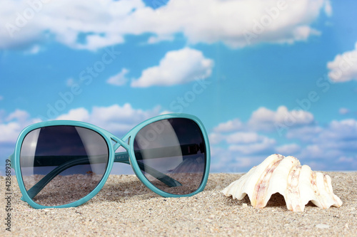 Elegant women's sunglasses with shell at the beach