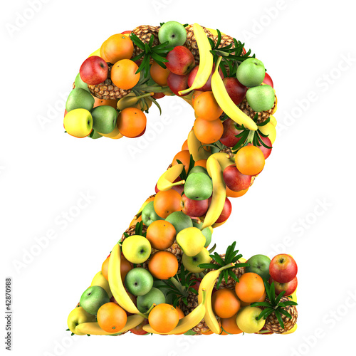 Number two made from 3d fruits. Isolated on a white.