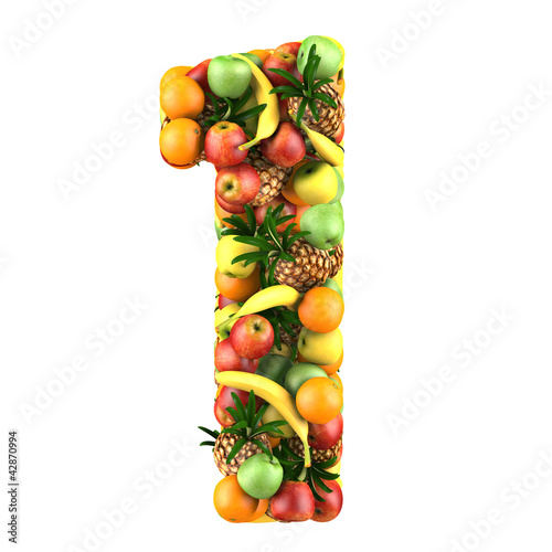 Number one made from 3d fruits. Isolated on a white.