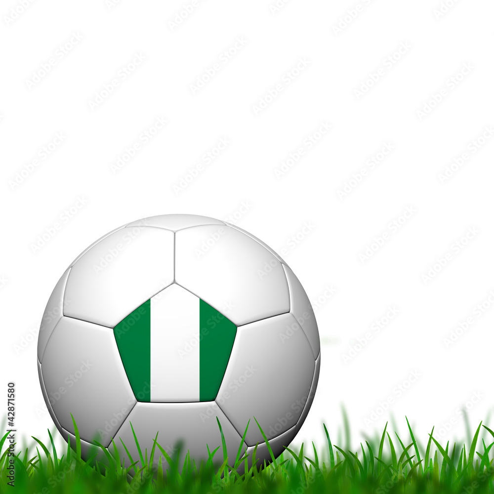3D Soccer balll Nigeria Flag Patter on green grass over white ba
