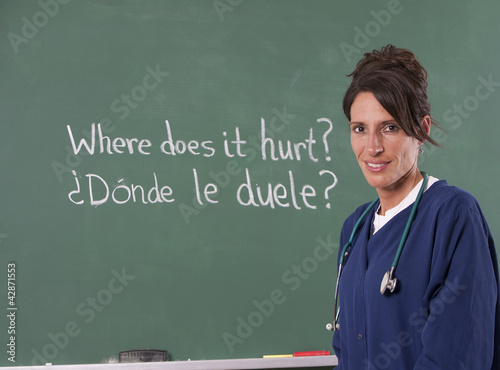 Nurse teacher translating English to Spanish