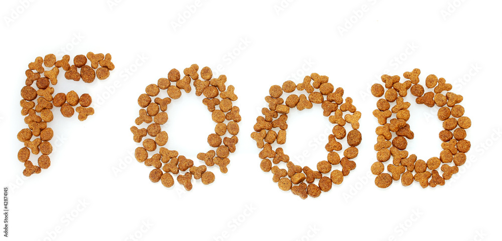 Inscription Food of dry cat food isolated on white Inscription Food of dry cat food isolated on white