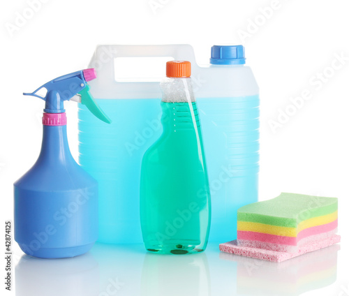 canister with liquid and detergent bottles isolated on white