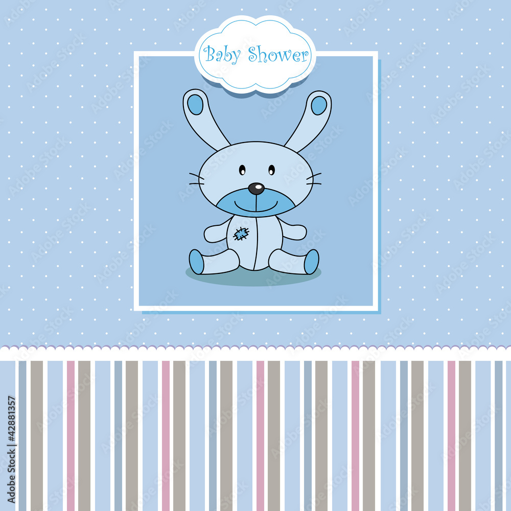 Conejo de peluche. Tarjeta anuncio nacimiento bebe niño.