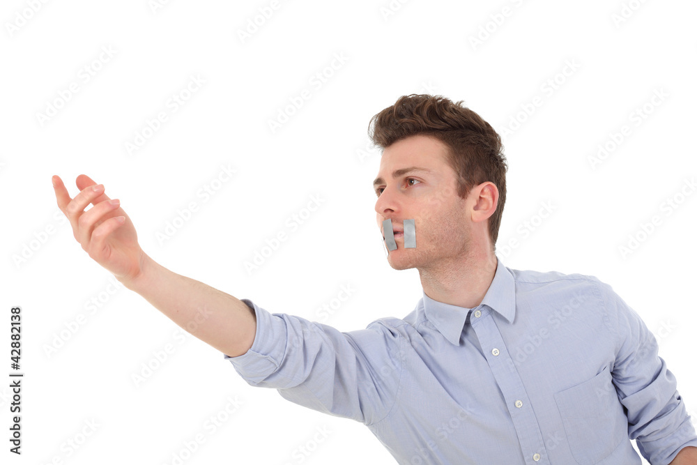 Young man with censorship asking for help Young man with censorship asking for help
