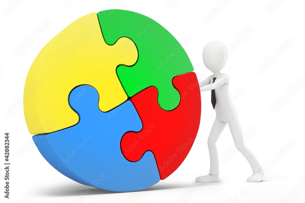 3d man pushing a round puzzle