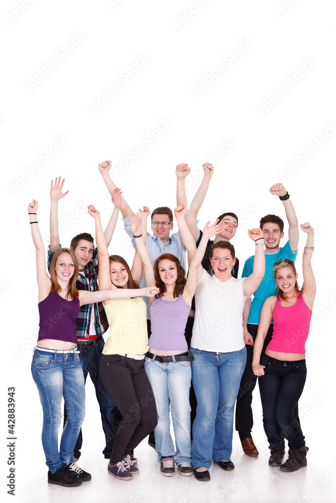 Young joyful teens standing on white background Young joyful teens standing on white background
