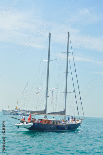 Sailing boat sails to Europe in Bosporus