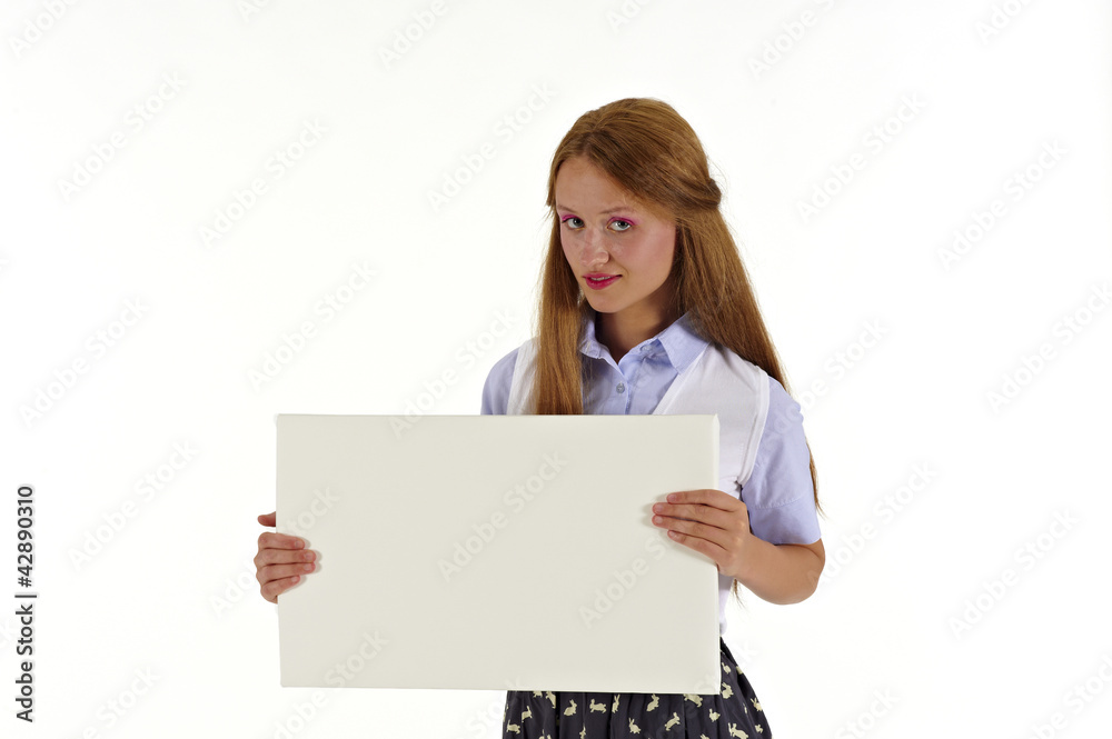 happy young woman with white board